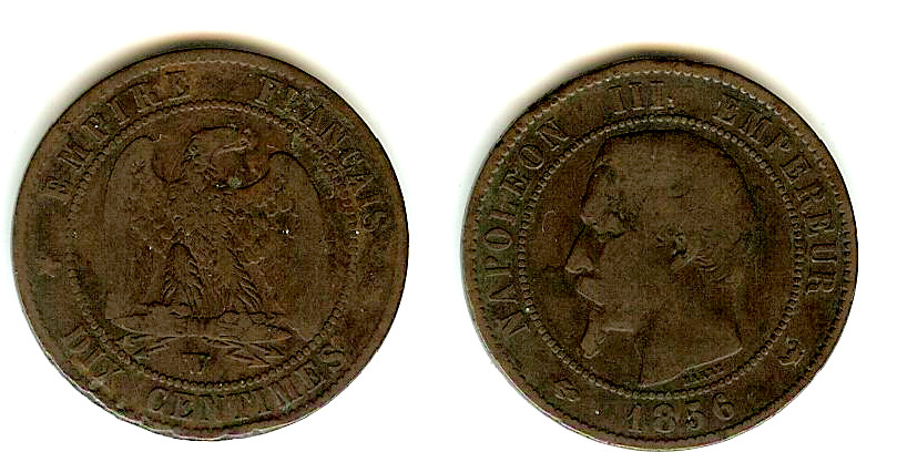 Dix centimes Napoléon III, tête nue 1856 Lille TB